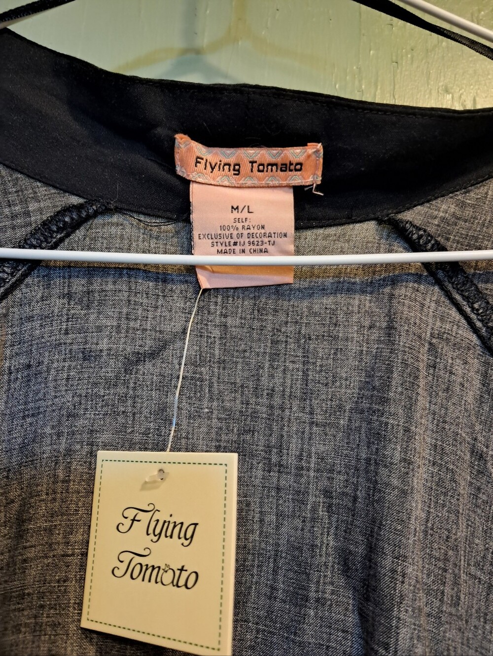 Flying Tomato Gray Chambray Button-Front Top with Black Trim - Picture 3 of 4